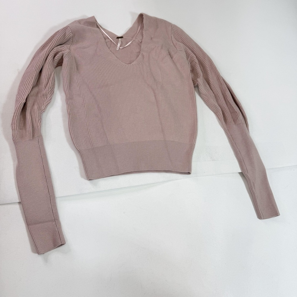Free People Sweater Womens Small Pink V Neck Ribbed Knit Puff Sleeve Pullover